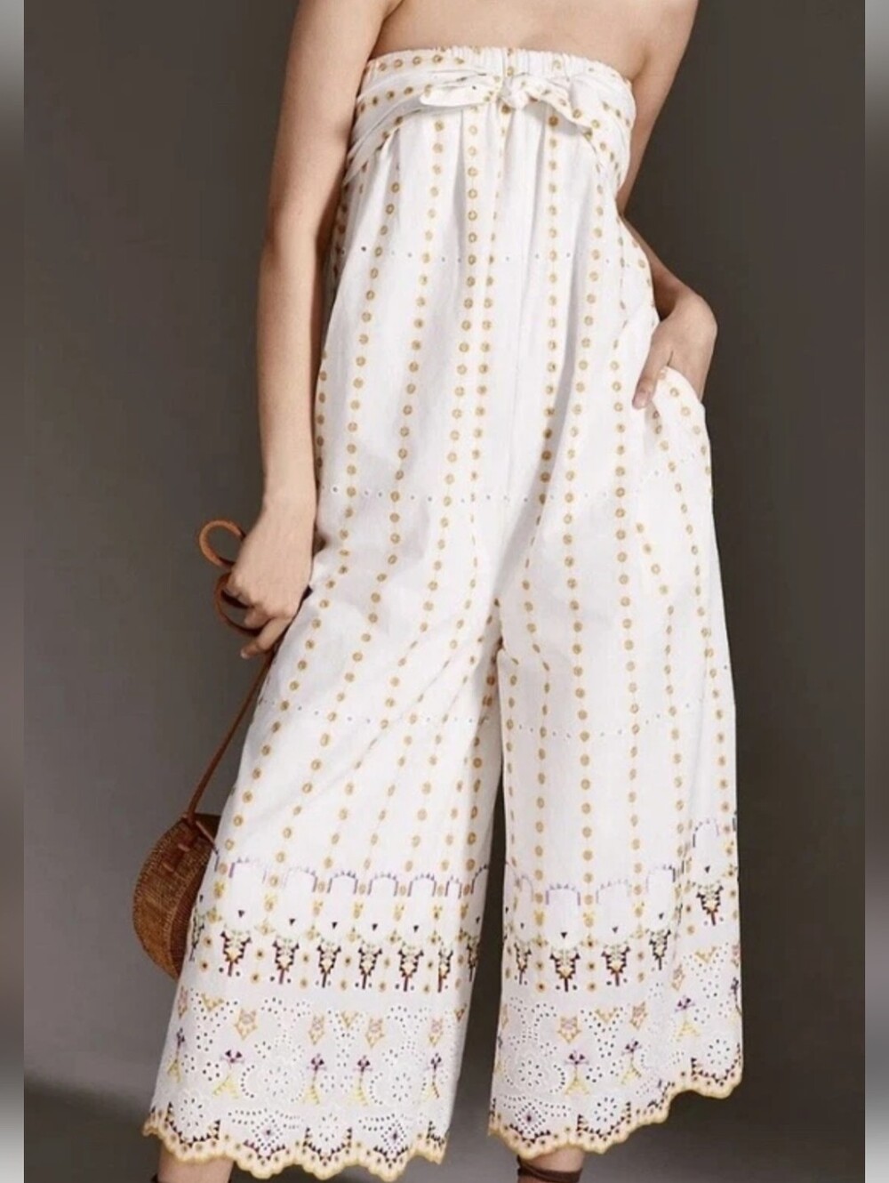 Anthropologie Ivory Strapless Wide-Leg Jumpsuit with Gold Dot Embroidery